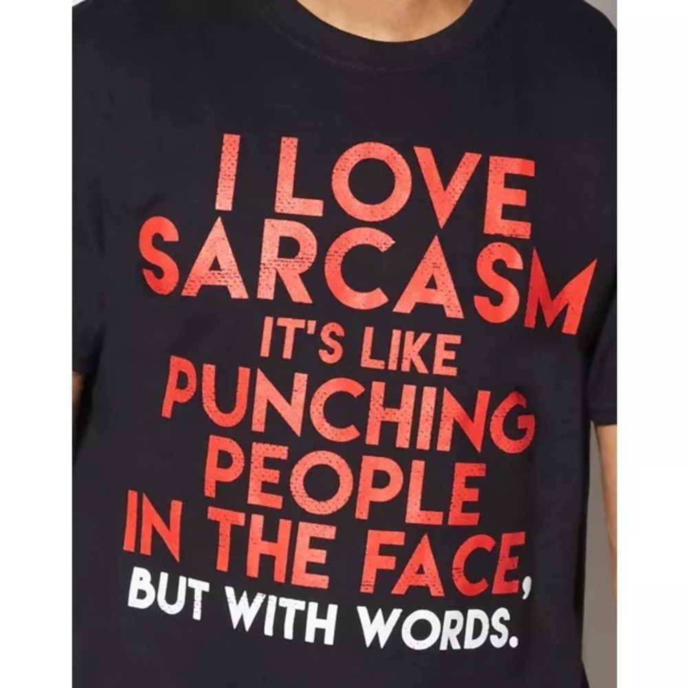 NWT Spencer’s Y2K Black Short Sleeve Crew Neck I Love Sarcasm TShirt Size: Small - Picture 2 of 4